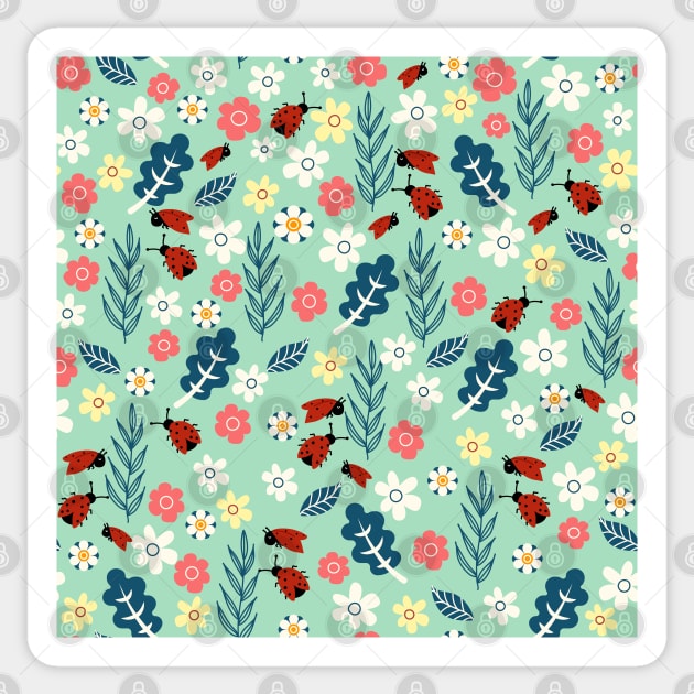 Spring meadow in bloom with ladybirds on green background Sticker by Arch4Design